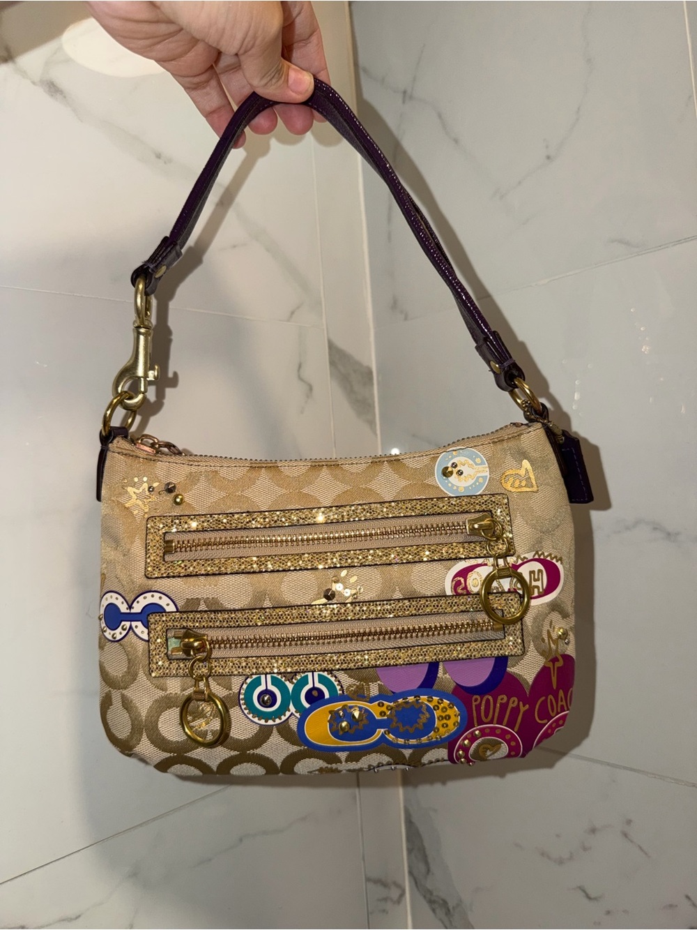 Coach Poppy Print Signature Canvas shoulder bag Beige with Purple Handle